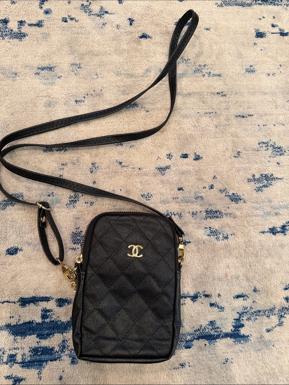 Black Quilted Crossbody Phone Pouch with Gold Hardware